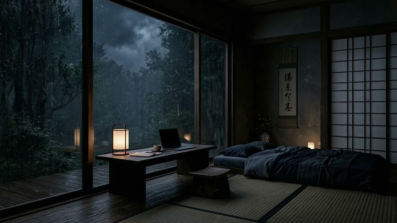 Soft Rainy Night in Cozy Pine Forest Cabin 🌧️ Warm Lamp Glow & Books for Deep Sleep and Relax