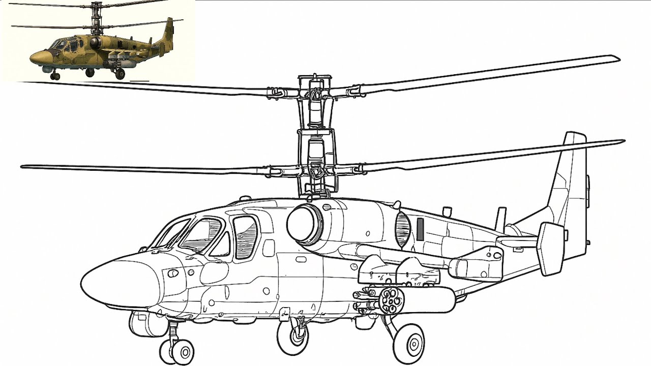 Detailed Drawing & Coloring of the Kamov Ka-50 Attack Helicopter – Art for Adults