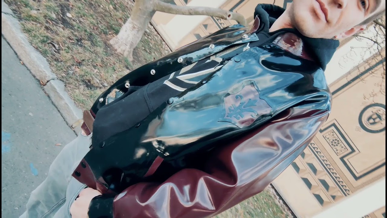 Men's bomber latex jacket with fabric lining inside