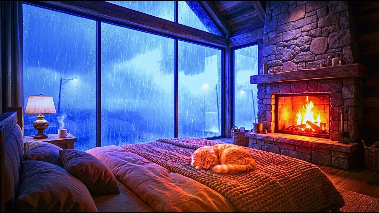 Rolling Thunder & Heavy Rainstorm | Cozy Fireplace & Cat | 8 Hours ASMR