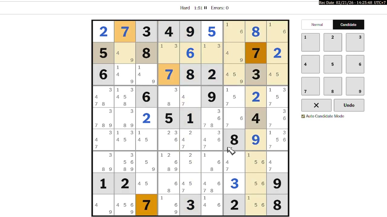 Hard Sudoku New York Times February 21, 2026