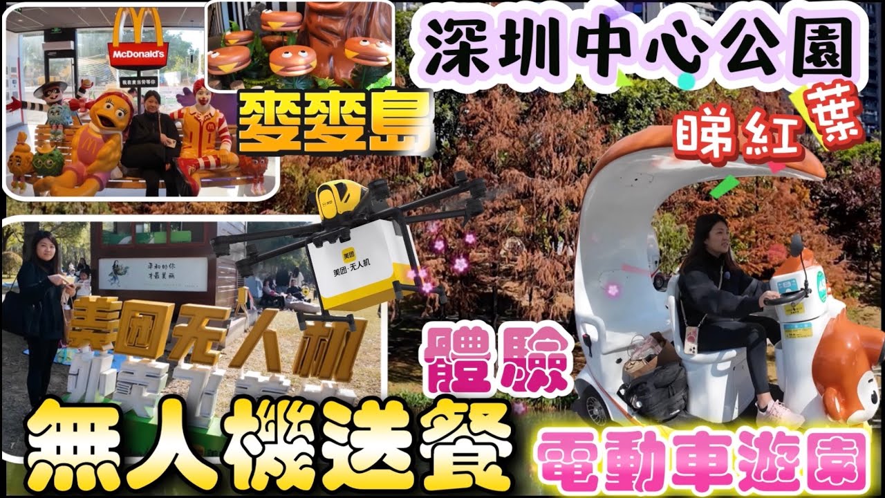 深圳中心公園全攻略￼￼｜無人機送餐｜福嘟嘟電動車遊園｜紅葉季節｜睇紅葉打卡｜麥麥島￼打卡，懷舊麥當勞裝置￼