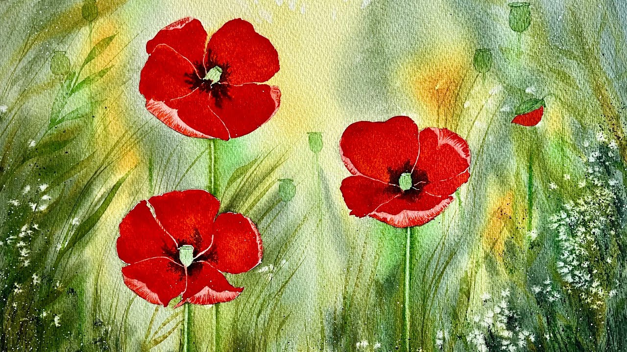 Paint BEGINNERS WATERCOLOUR POPPIES, POPPY FLOWERS,  Watercolor Landscape PAINTING DEMO Tutorial