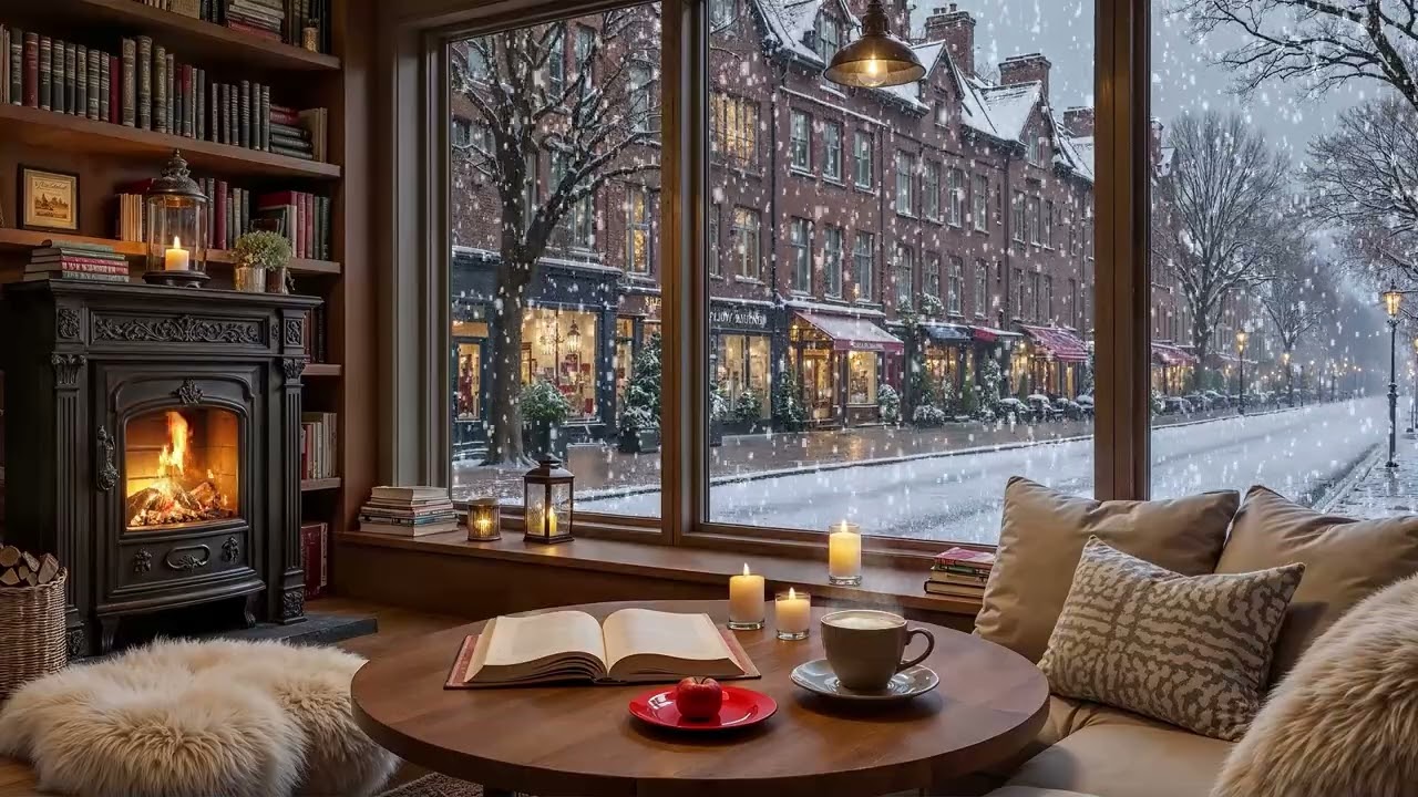Quiet Winter Café Ambience ❄️ Soft Jazz Piano & Fireplace Sounds for Study & Relax