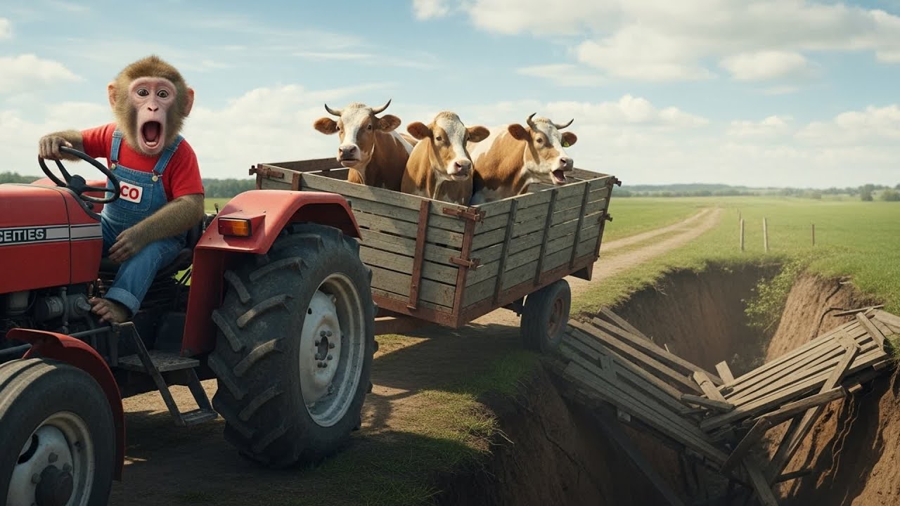 Monkey CO Drives the Crane to Rescue the Cow from a Broken Bridge 🐒🏗️🐄 | CO MONKEY TEAM