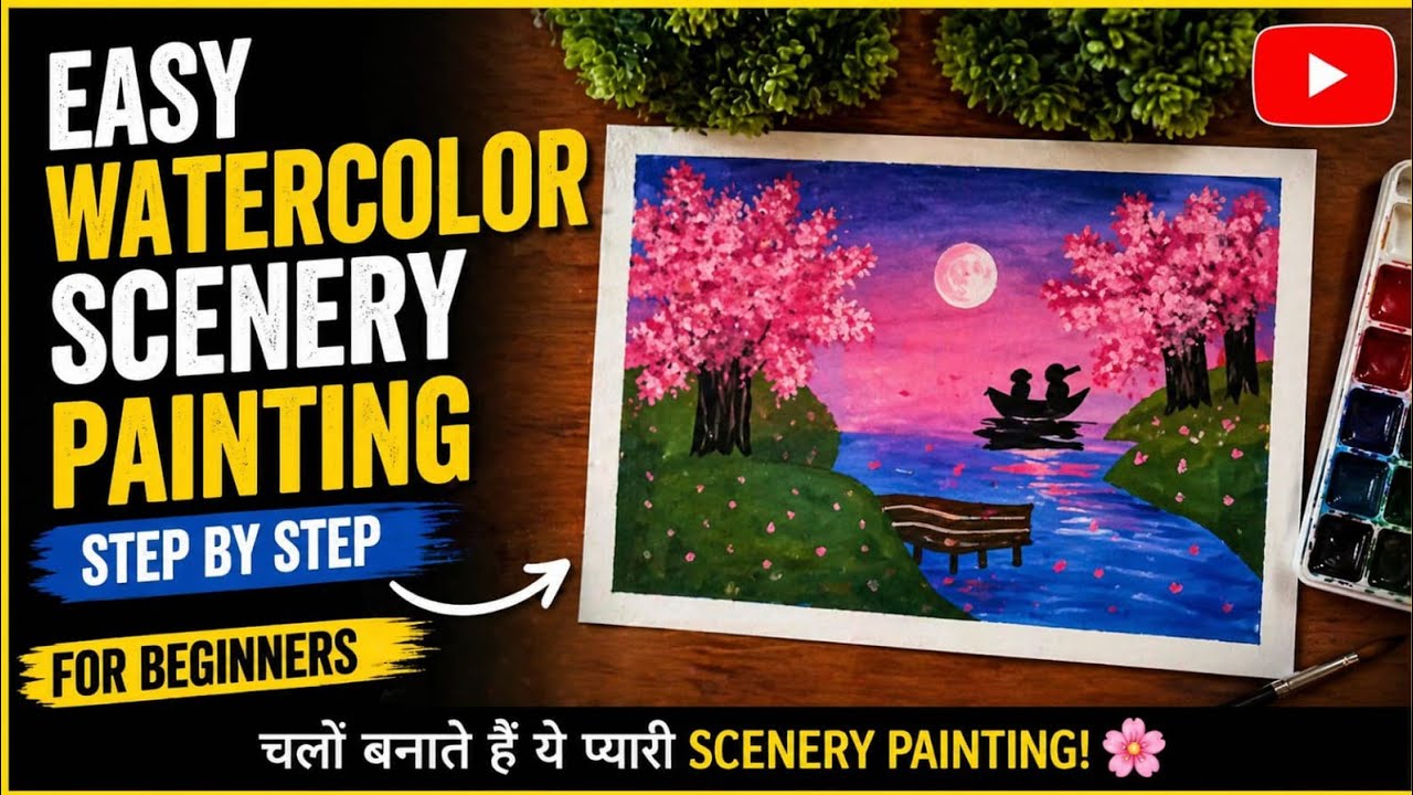 How to paint cherry blossom tree at moonlight || landscape painting | paint night at home 🤗🪷🌷🍂🍁🌳🌸💦💫?