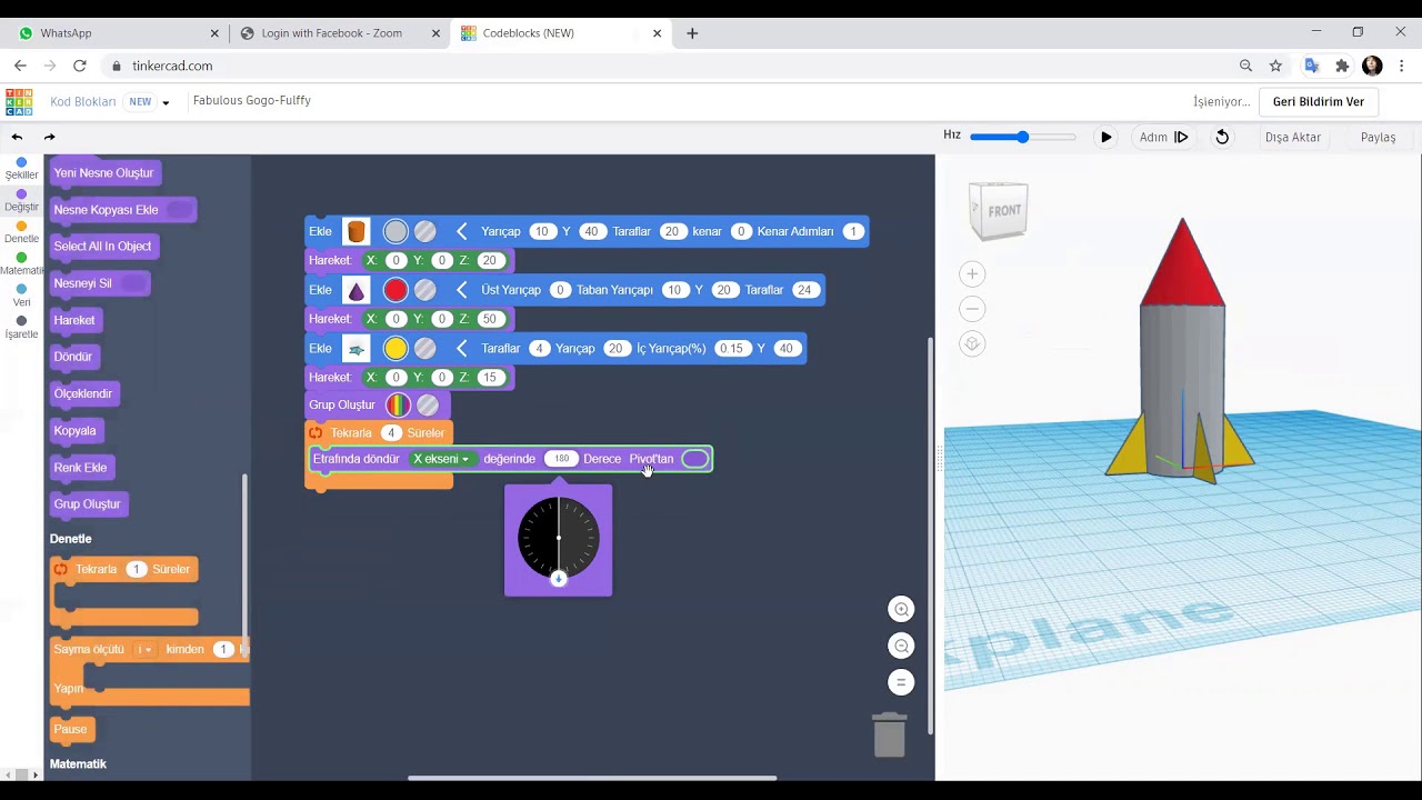 tinkercad kodlama blokları ile roket oluşturma