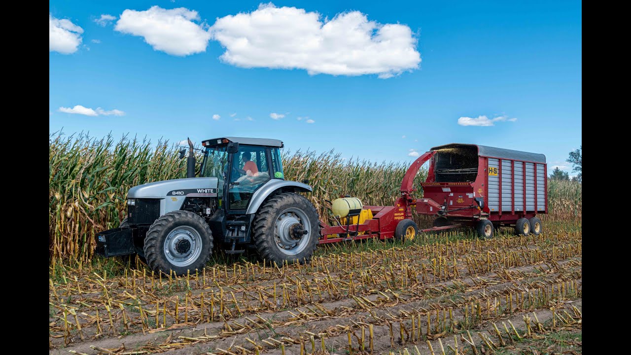 Agco White 8410 powershift chopping corn with a New Holland FP240 and H&S box in Wisconsin.