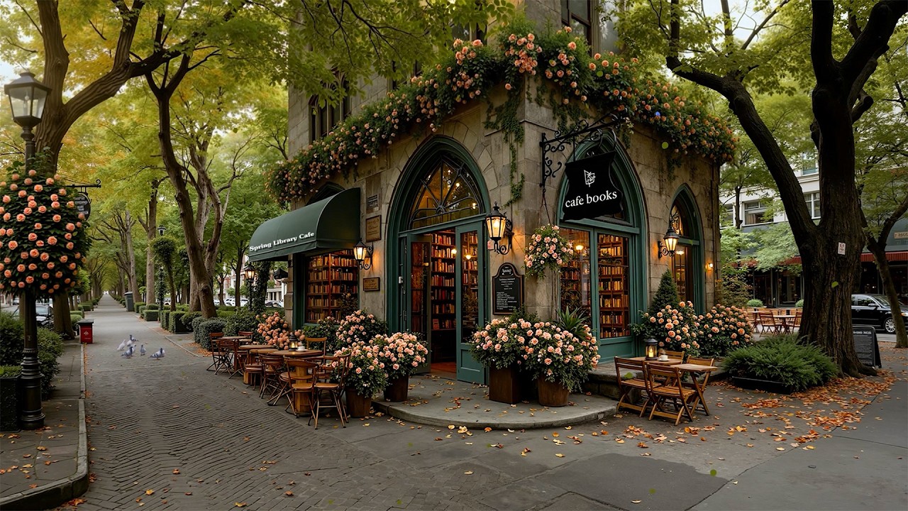 Quiet Spring Library Café on a Peaceful Street Corner 🌸 Warm Morning Jazz for Study & Relax Moments
