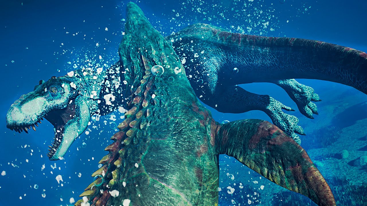 Tiranossauro Rex Aquático vs Mosassauro + Spinoraptor | Jurassic World Evolution 2: Mods | (PT/BR)