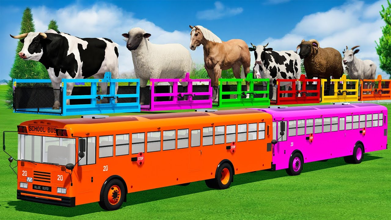 LOAD SHEEPS, BULLS, COWS, HORSES, GOATS, RAMS & TRANSPORT WITH COLORED SCHOOL BUSES - FS22