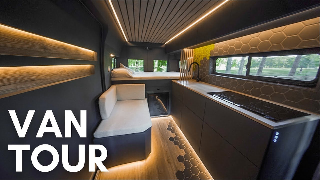 VAN TOUR WITH HIDDEN SHOWER | Luxury Dark Modern Camper Van | DIY Tiny Home on Wheels for VANLIFE