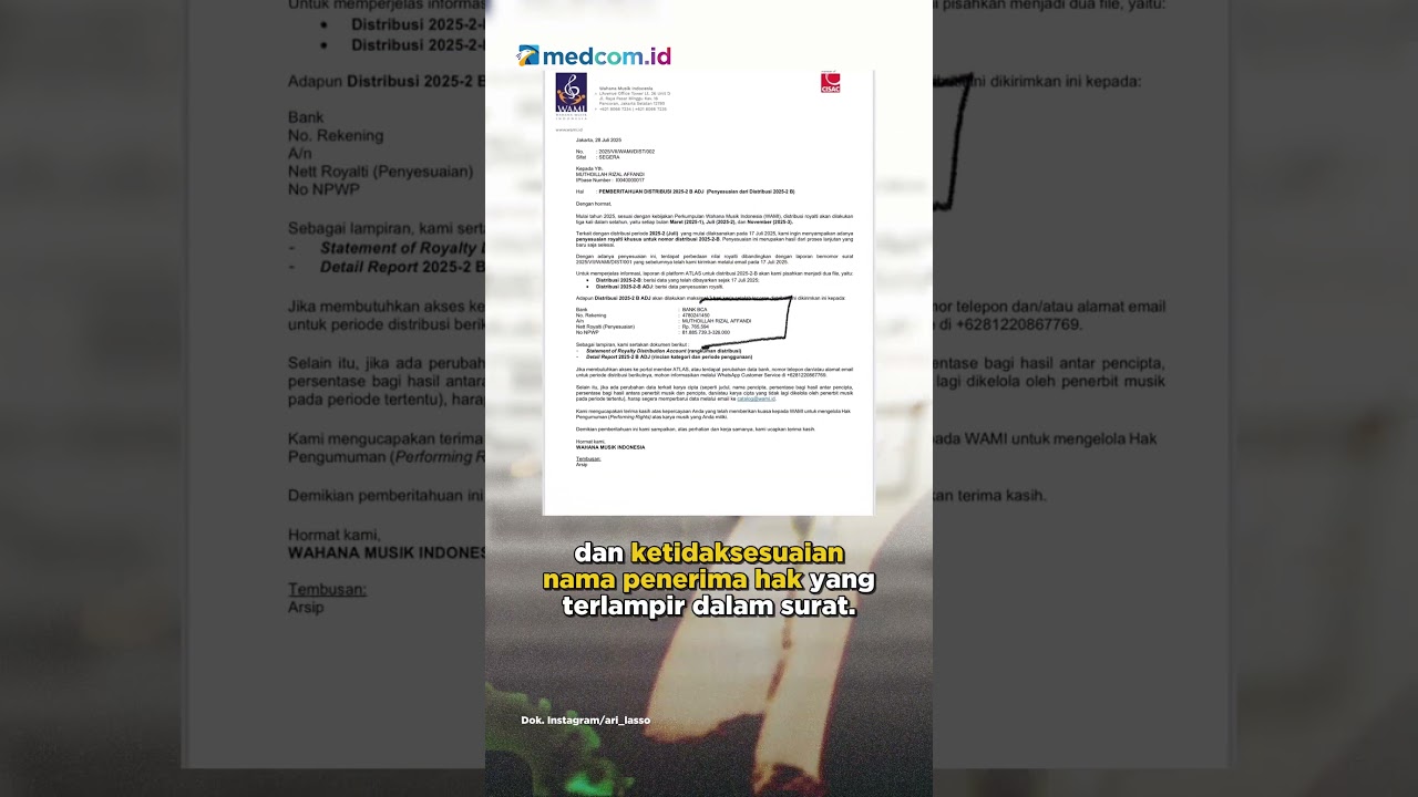 TERIMA ROYALTI RP700 RIBU, ARI LASSO TUNTUT NEGARA PERIKSA WAMI