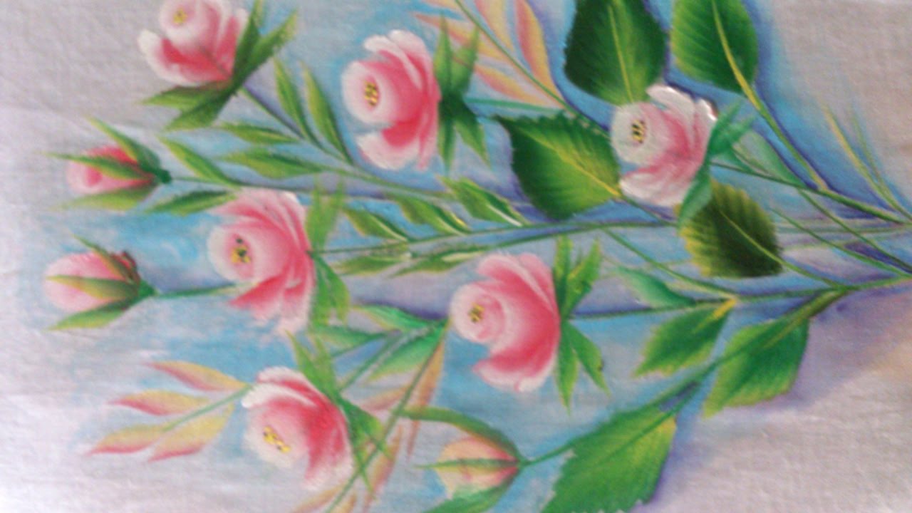 Fabric painting . one stroke fabric painting flowers and leaves. rose buds.