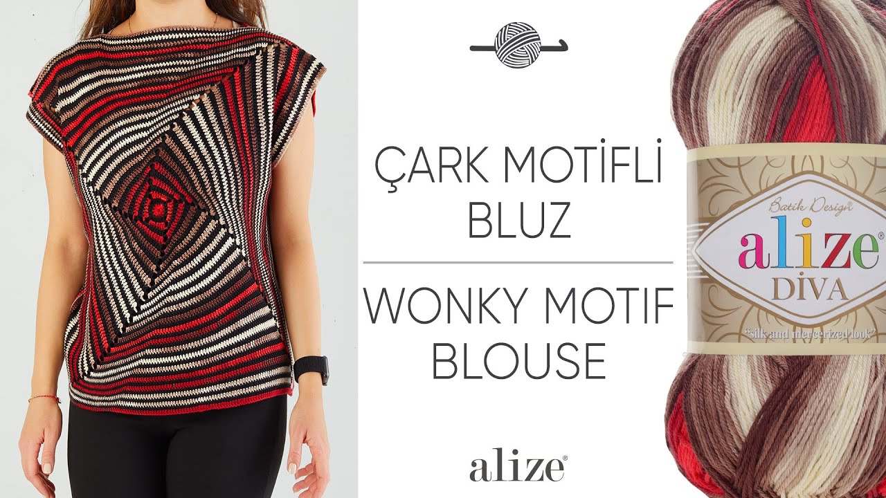 Alize Diva Batik ile Çark Motifli Bluz • Wonky Motif Blouse • Блузка с мотивом шаткий квадрат