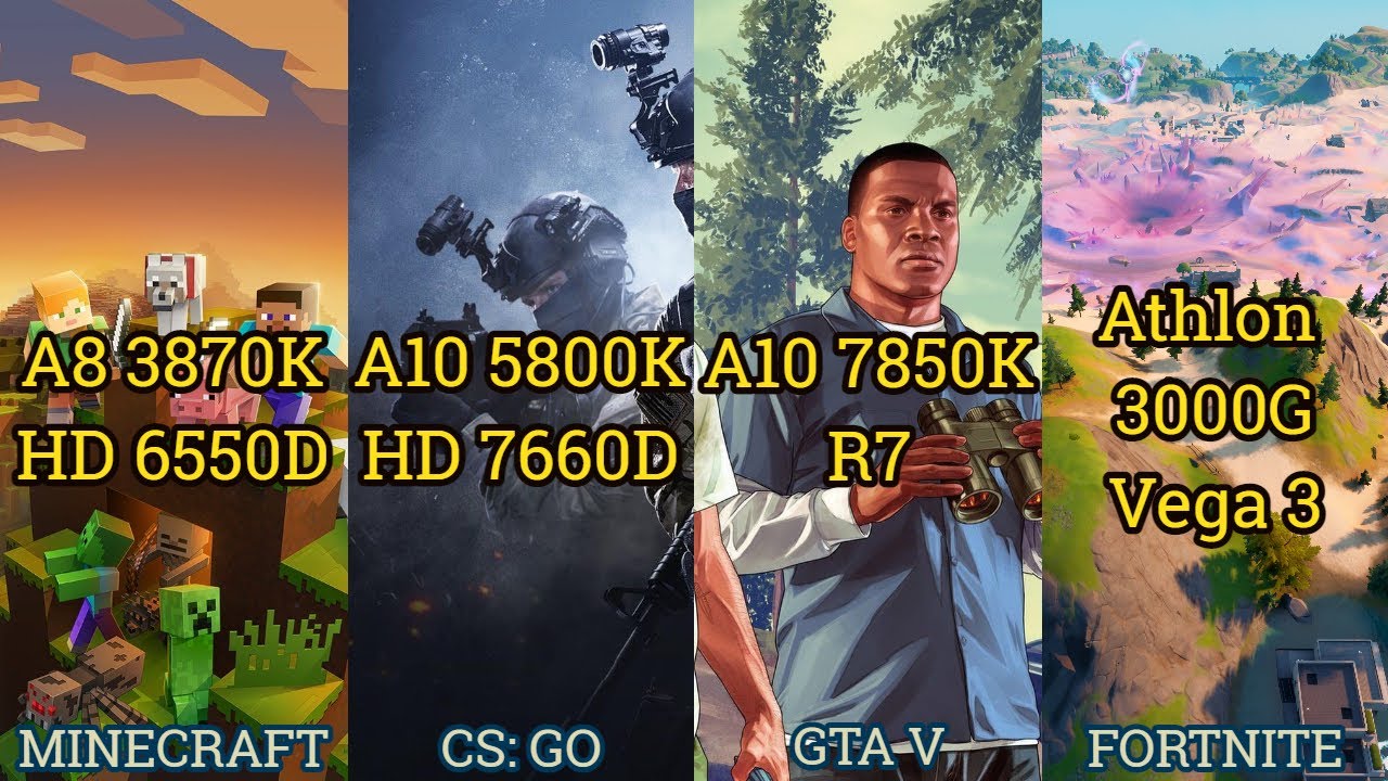 A8 3870K vs A10 5800K vs A10 7850K vs Athlon 3000G = APU TEST in 4 GAMES 2021