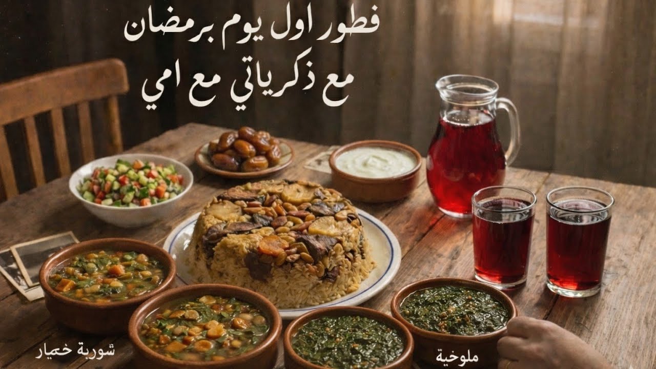 مائدة أول يوم رمضان كاملة في البيت | مقلوبة وملوخية وشوربة