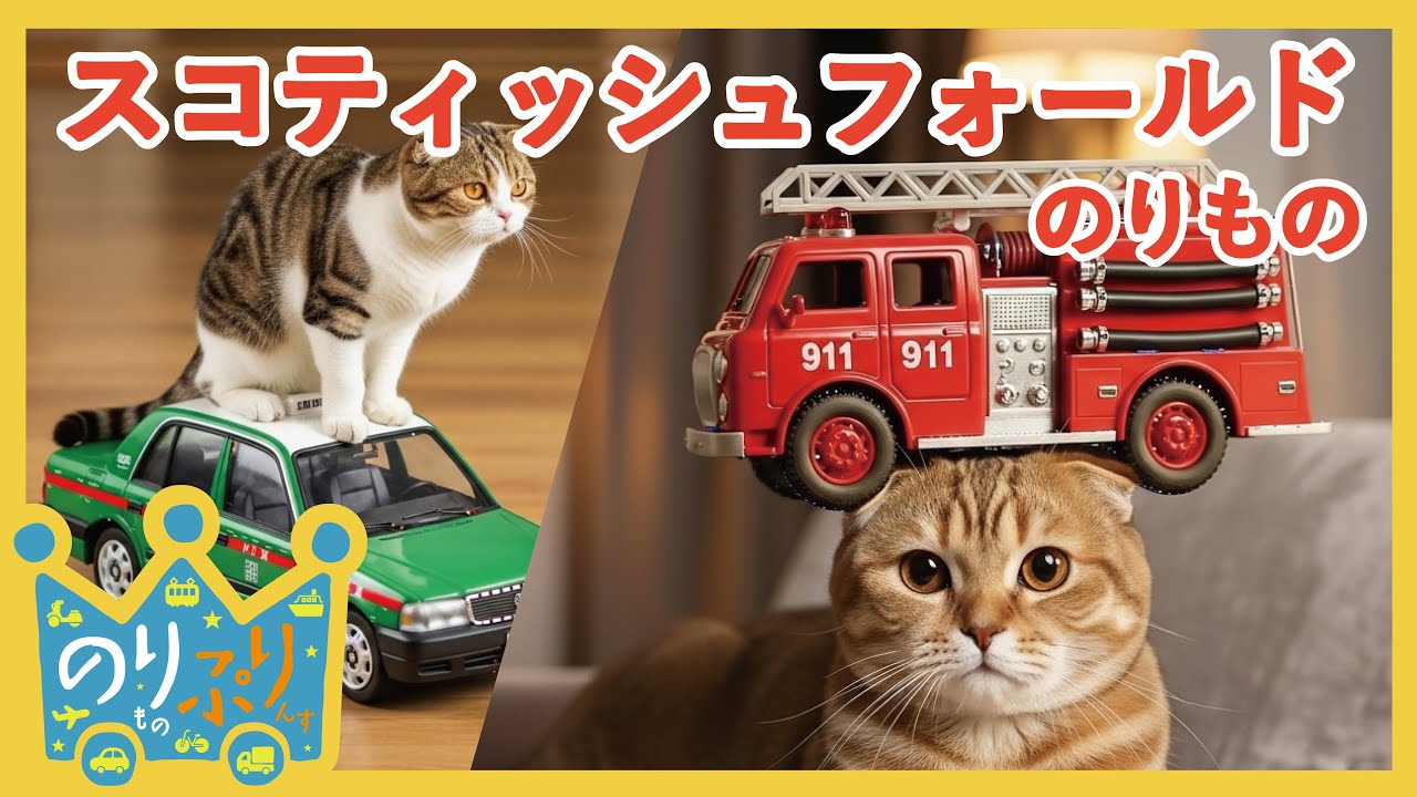 【のりものうた】スコティッシュフォールドの頭に乗り物のったから！ぺたんこお耳がかわいいね！ / はたらくくるま 消防車 救急車 パトカー 船 飛行機など