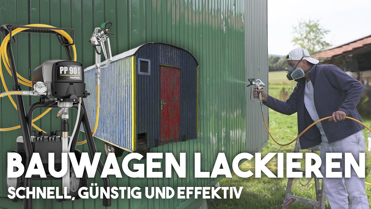 Bauwagen aus verzinkten Metall neu lackieren mit einem Farbsprühgerät