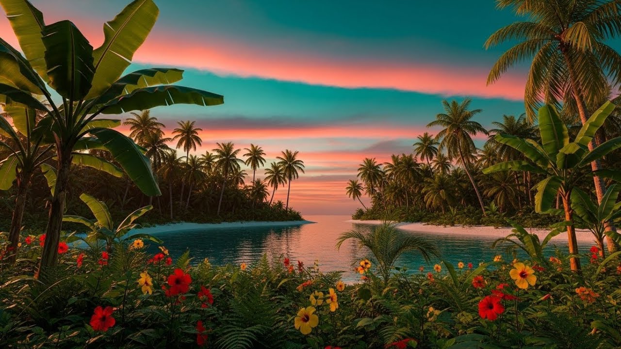 Tropical Sunset Island Paradise with Calm Waves | 1 Hour Relaxation 🌅