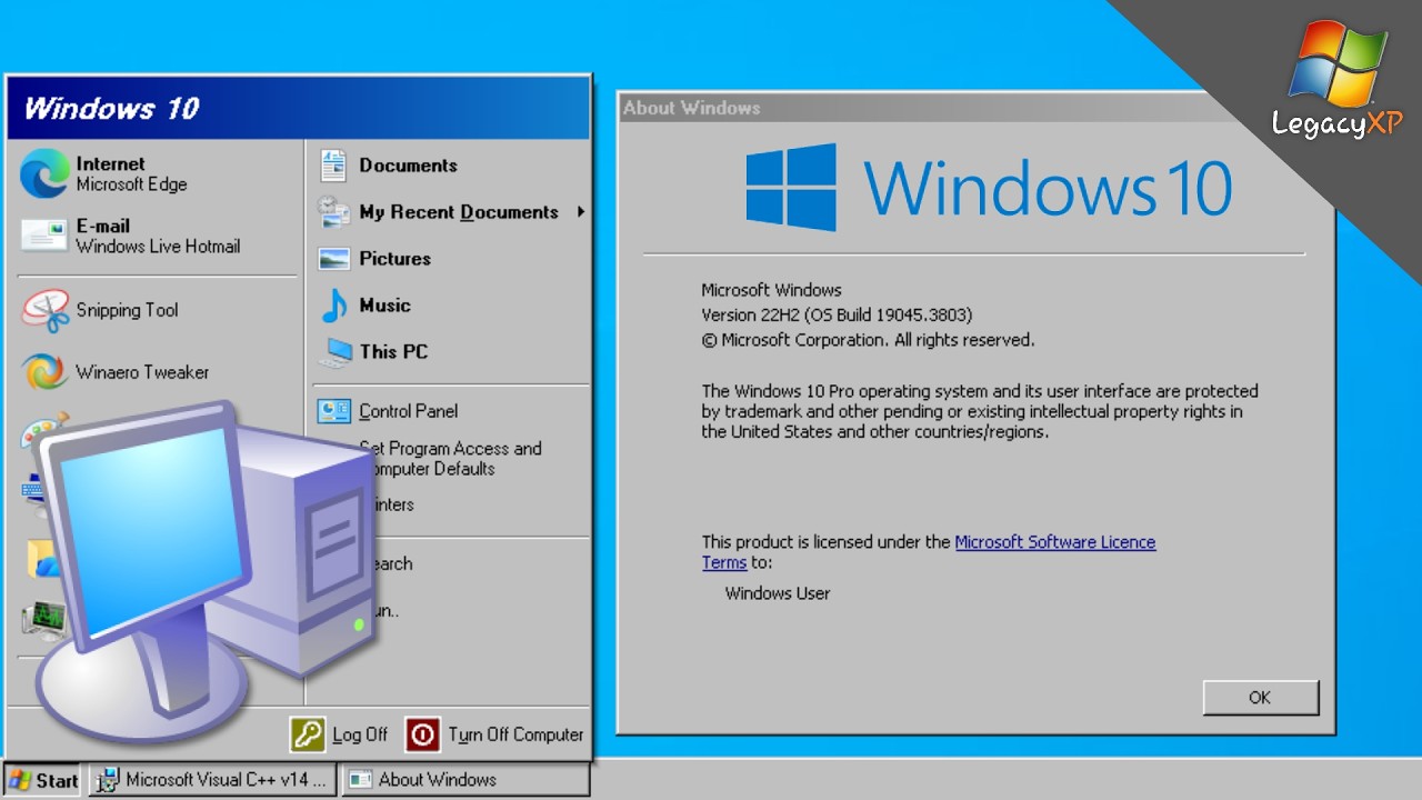 Windows XP's taskbar and start menu on Windows 10