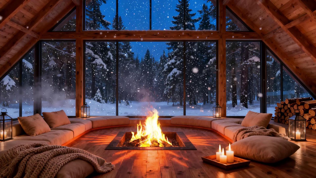 Winter Forest Ambience in Modern Cabin 🔥 Deep Sleep Sounds 10 Hours