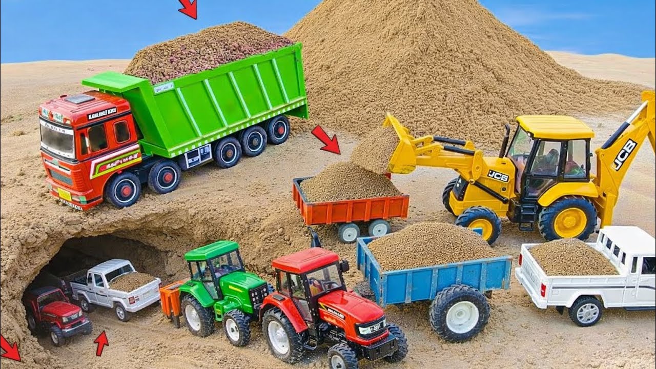 JCB Loading Video | JCB 3DX Fully Loading Mix Sand TATA Truck | Volvo dumper | 2 Tractor Cartoon