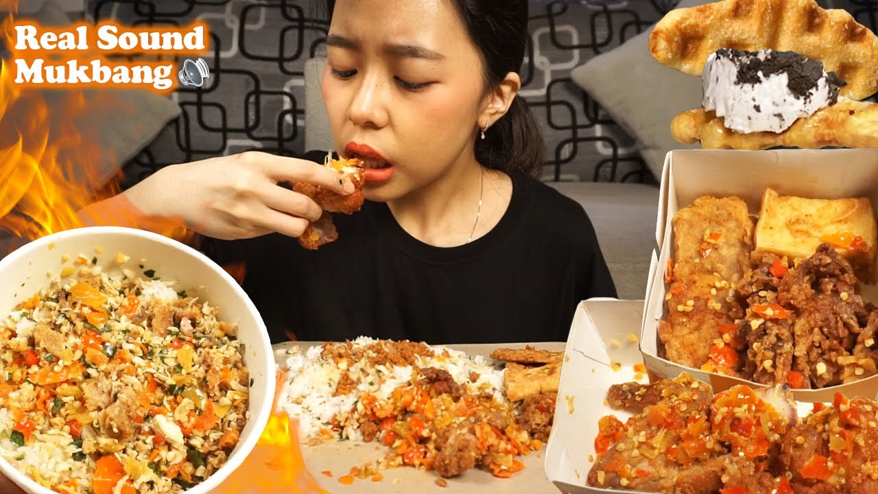 Real Sound Mukbang Ayam Geprek (SPICY Fried Chicken Rice) 🔥 + Croffle ICE CREAM | Eating Sounds ASMR