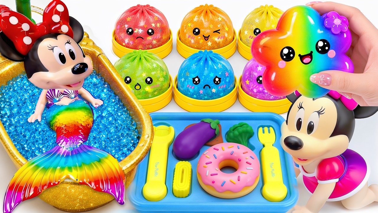 set unboxing minnie mouse rainbow mermaid bath & galaxy squishy bun playset with disney toys asmr