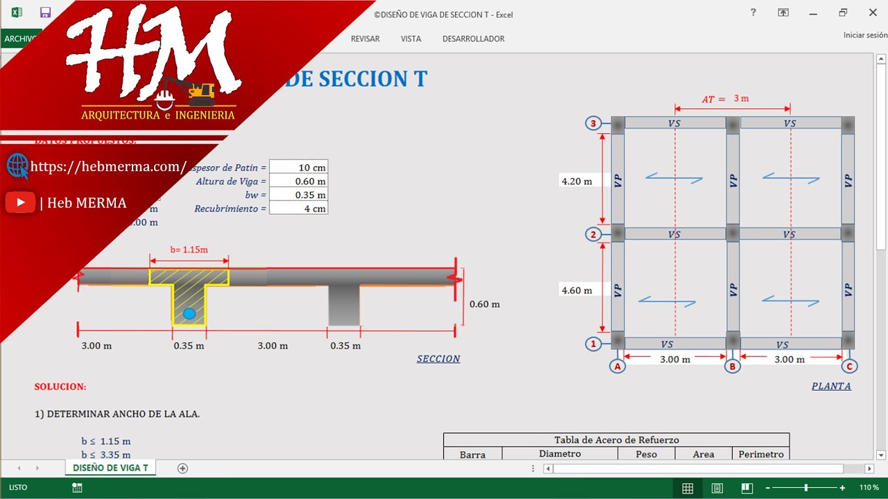 EXCEL PARA DISEÑO DE VIGA DE SECCION T | EXCEL | #HebMERMA