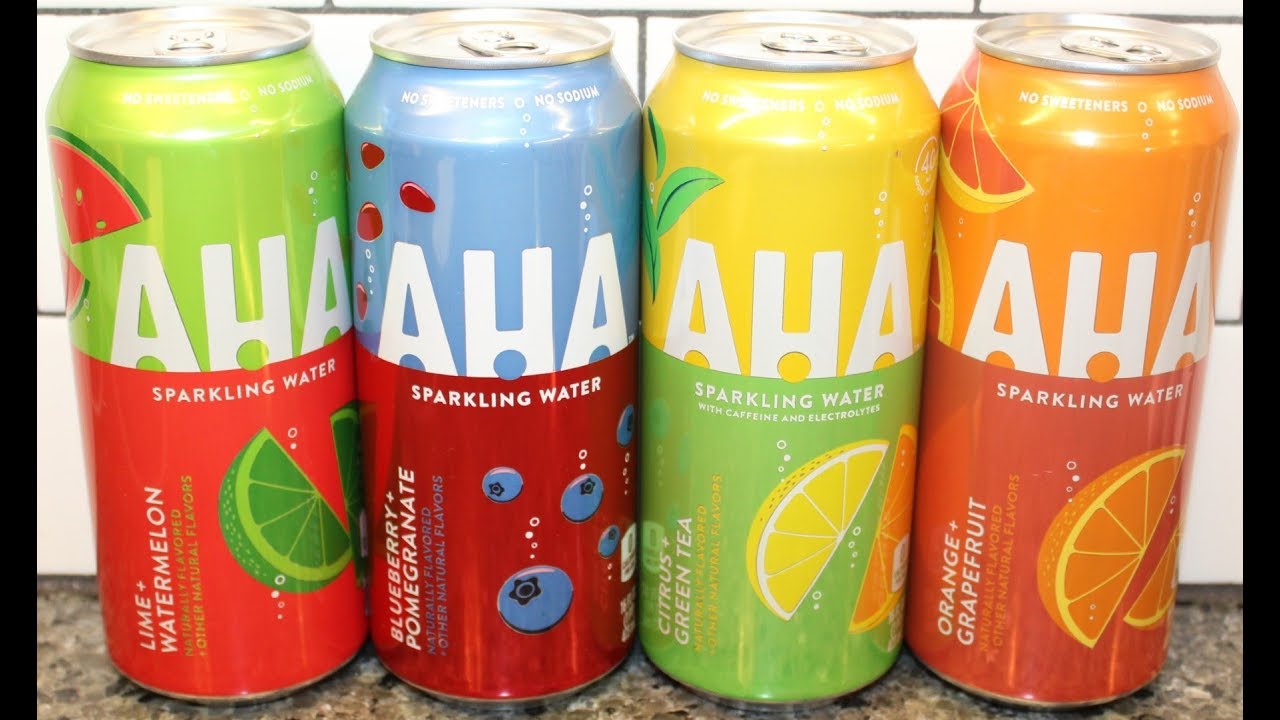 AHA Sparkling Water: Lime Watermelon, Blueberry Pomegranate, Citrus Green Tea, Orange Grapefruit