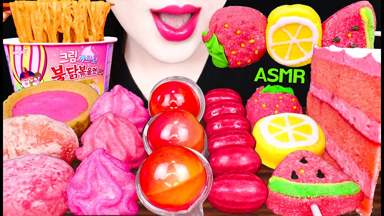 ASMR PINK FOODS *BUBBLE GUM, MARSHMALLOW, JELLY GUMMY 크림 까르보 불닭, 버블껌, 마쉬멜로우 먹방 MUKBANG
