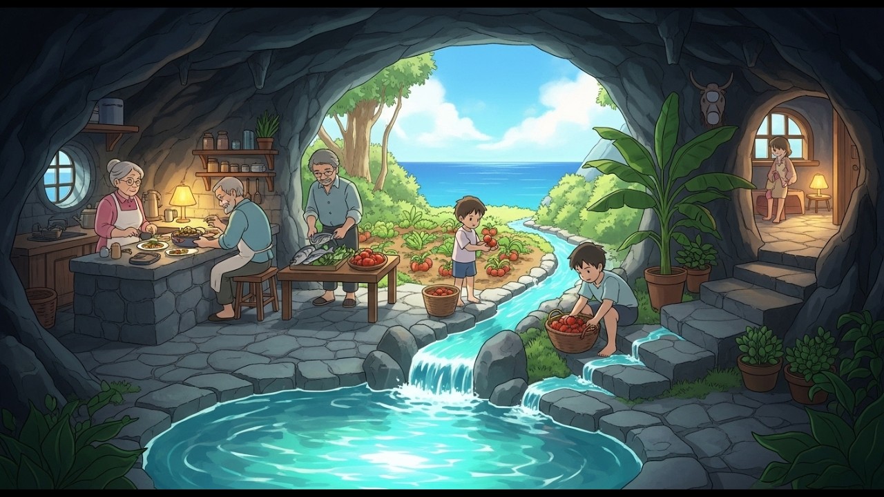 cozy cave house asmr: fishing, cooking & slow living | ghibli style