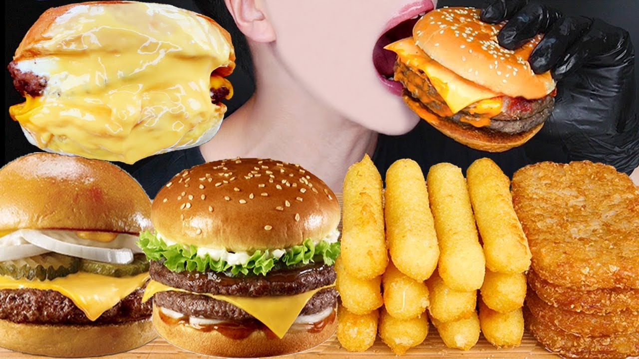 ASMR DOUBLE CHEESEBURGERS CHEESE STICKS HASH BROWNS MUKBANG 치즈버거 치즈스틱 먹방 チーズバーガー 咀嚼音 EATING SOUNDS