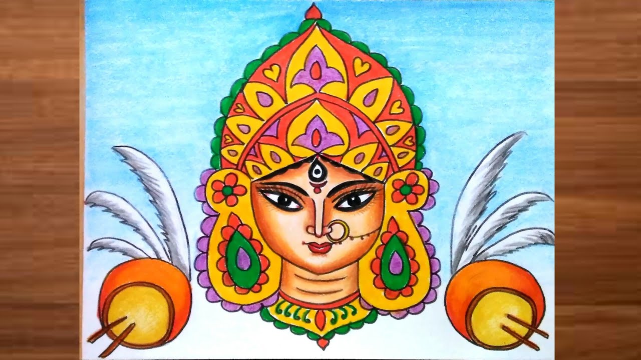 How to draw maa durga face step by step /Maa durga face drawing with oil pastels