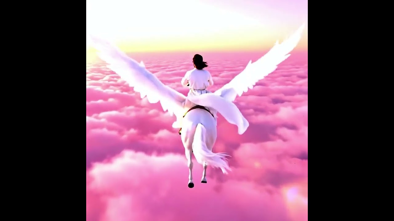 High-angle view of me riding a winged horse soaring above pink sunset clouds. #aiprompts #vfx