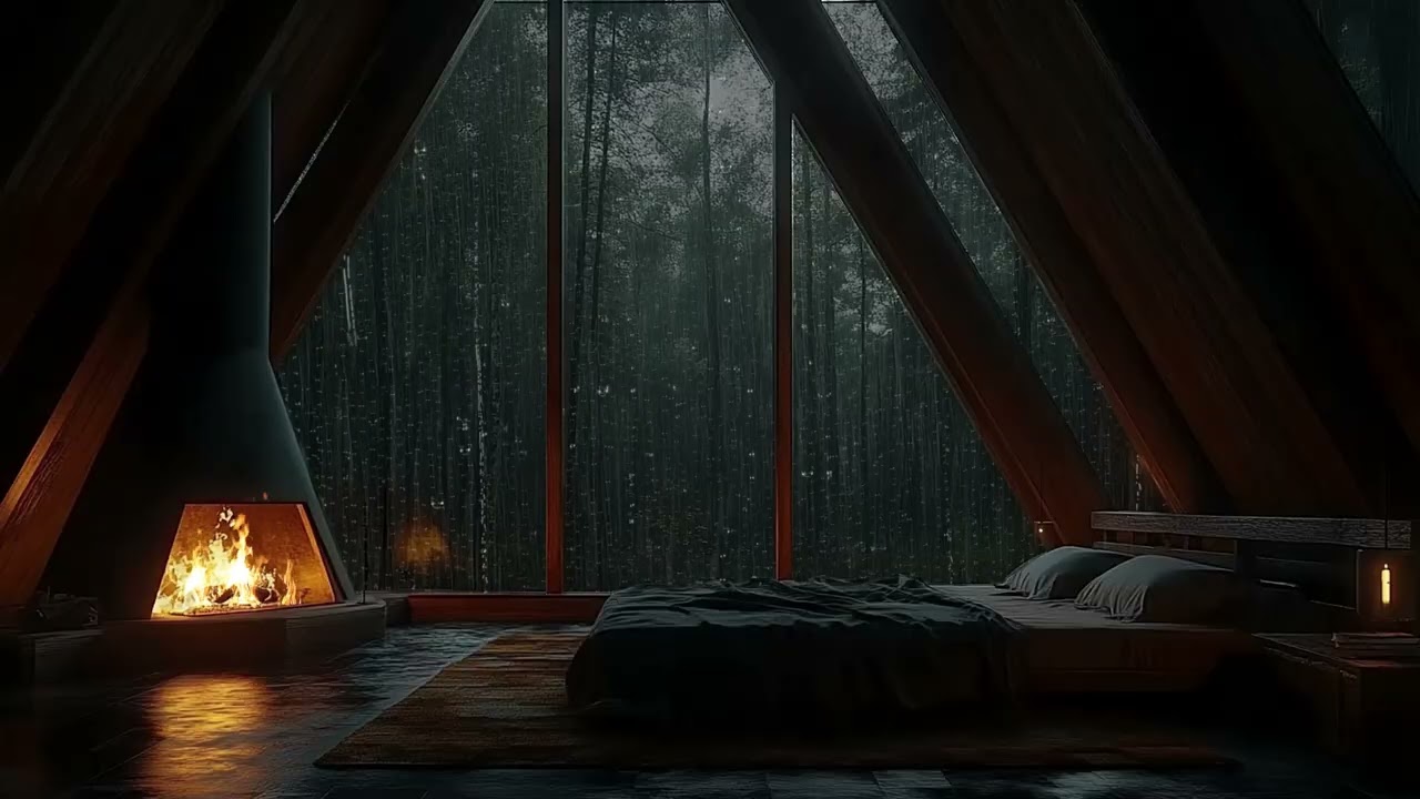 Heavy Rain Sound with Fireplace in Cozy Room | Sounds for Relaxing and Sleeping