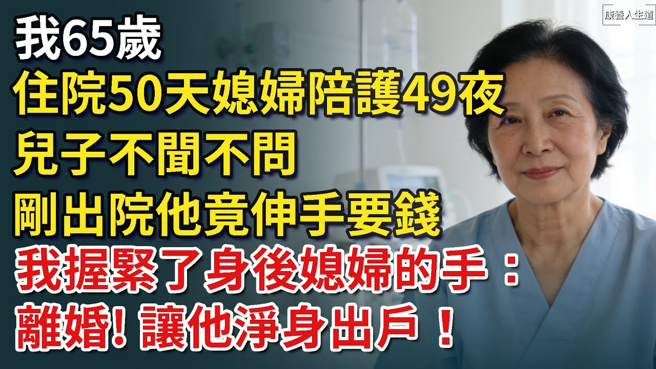 我65歲，住院50天媳婦陪護49夜，兒子不聞不問，剛出院他竟伸手要錢，我握緊了身後的媳婦的手：離婚，讓他淨身出戶！【康養人生道】 #康養人生道 #上了年紀該明白的事 #養老 #聰明老人 #長壽秘密