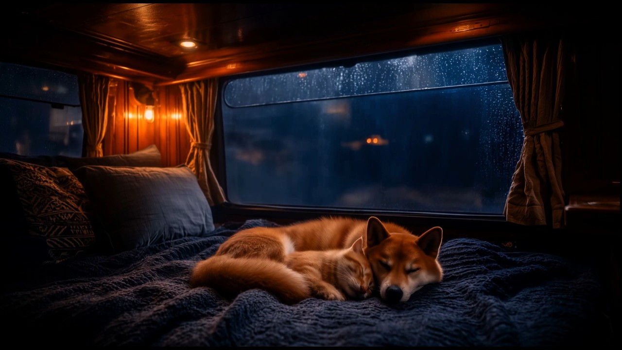 Deep Sleep Express: Shiba Inu & Orange Cat Snuggled on a Dark Rainy Afternoon (10 Hours)