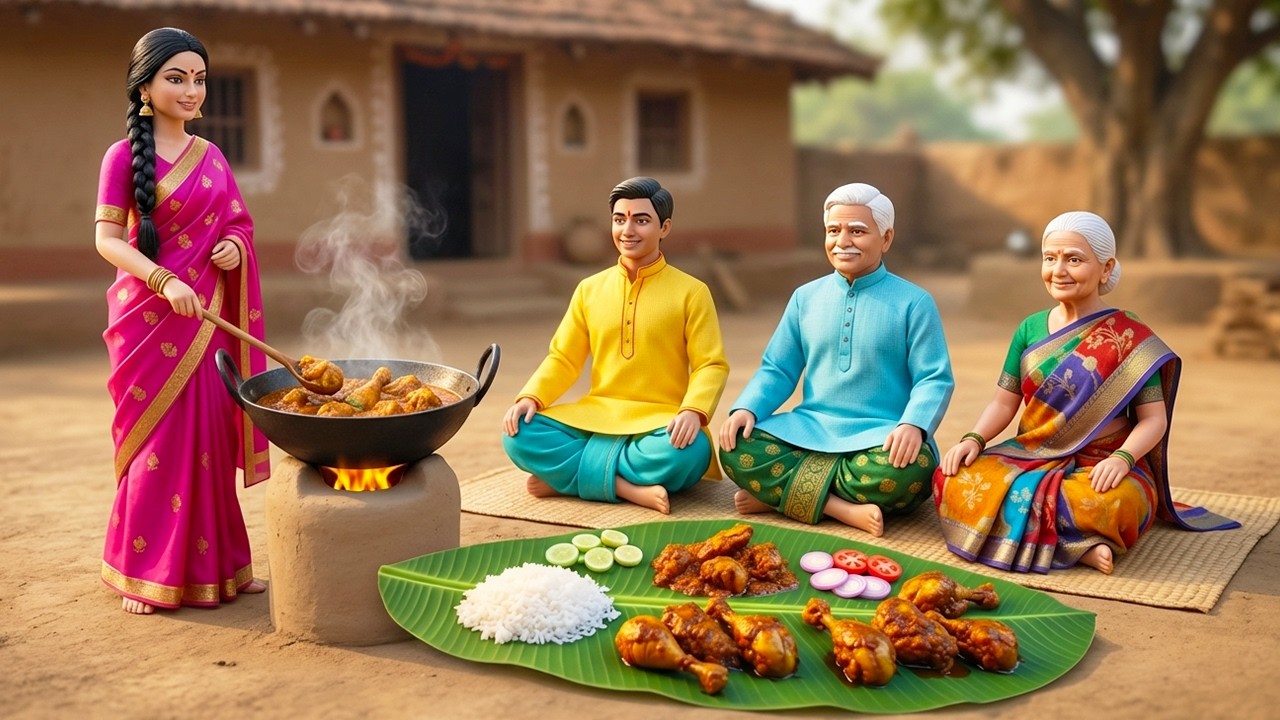 Miniature Doll Family Chicken Curry Cooking ASMR | Indian Village Tiny Kitchen Story