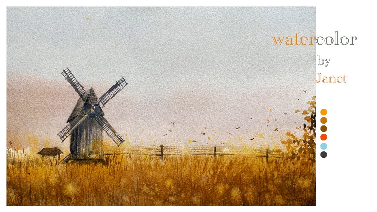 Watercolor landscape tutorial for beginners. windmill watercolor painting