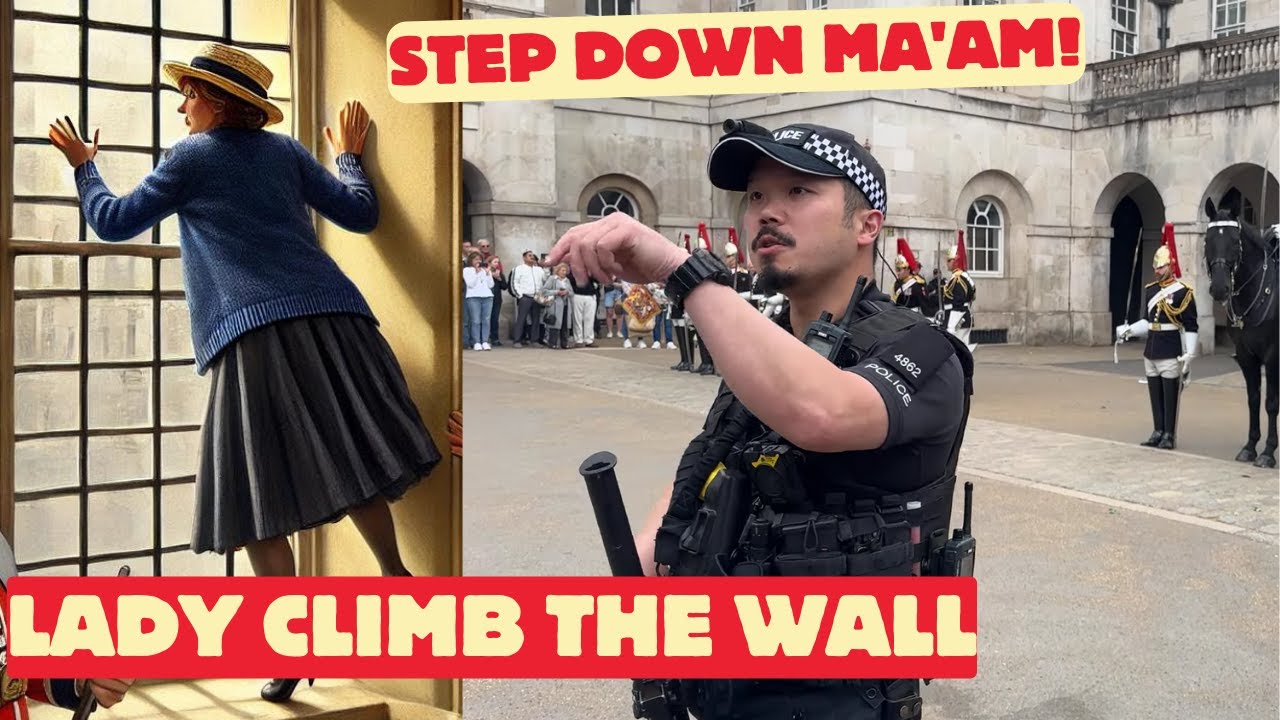 Police Stop Woman Climbing Wall During King's Guard Ceremony.