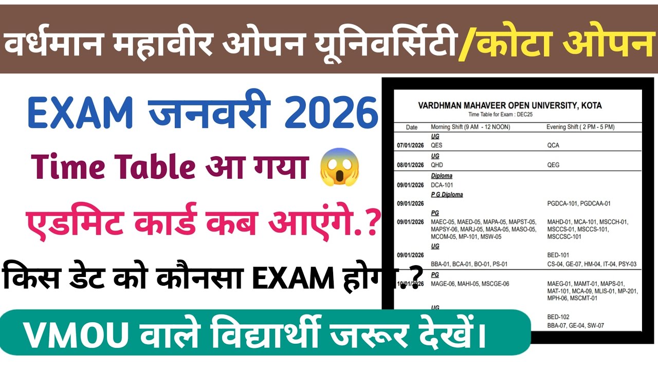 VMOU Exam January 2026 Time Table Released😱/ Vmou Exam Time Table 2026/Vmou Admit Card Kota Open ...