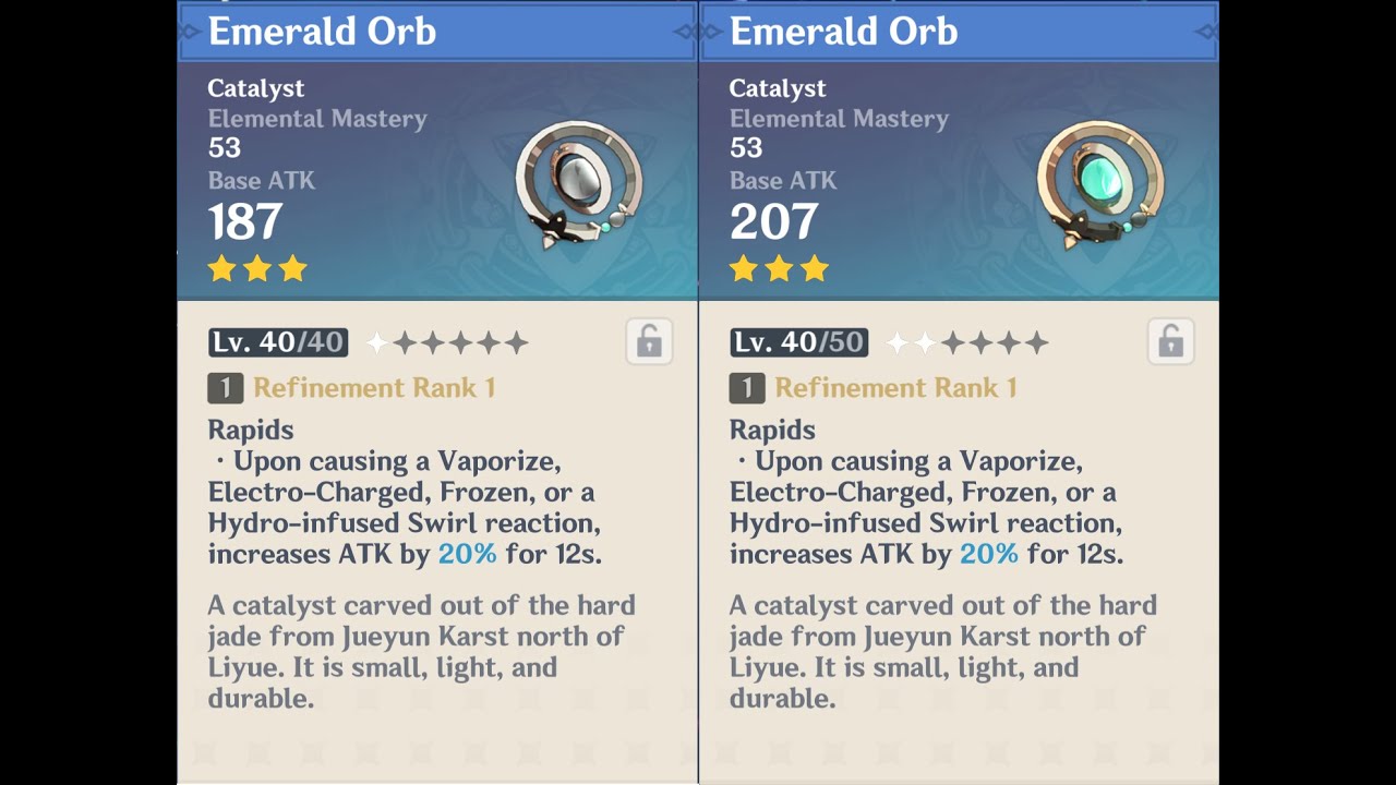 Emerald Orb weapon appearance base vs. ascended in Genshin Impact