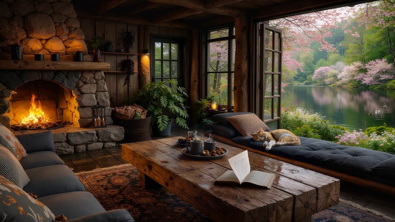 Gentle Spring Cabin Ambience | Warm Acoustic Guitar for Relaxation & Chill Vibes by fireplace