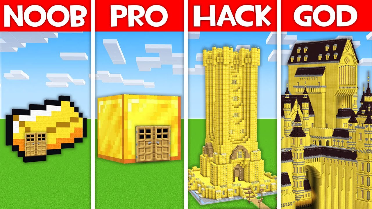 Minecraft Battle:  GOLD HOUSE BUILD CHALLENGE - NOOB vs PRO vs HACKER vs GOD in Minecraft!