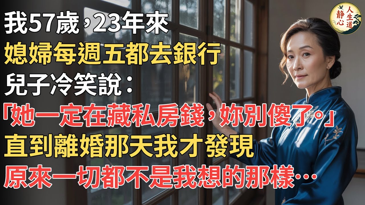 【我57歲】23年來，媳婦每週五都去銀行，兒子冷笑說她一定在藏私房錢叫我別傻了，直到離婚那天我才發現，原來一切都不是我想的那樣…
