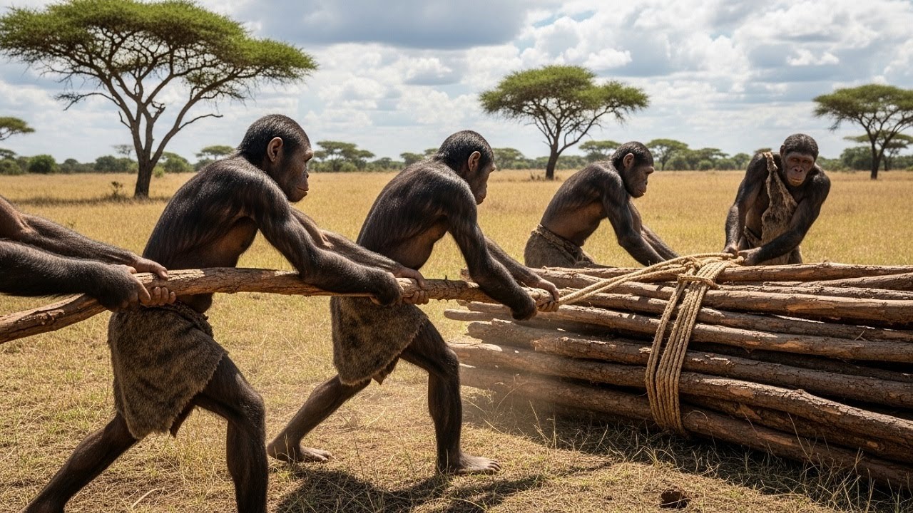 Homo Erectus Strength: Witness Early Human Teamwork Binding Logs | Prehistoric Survival