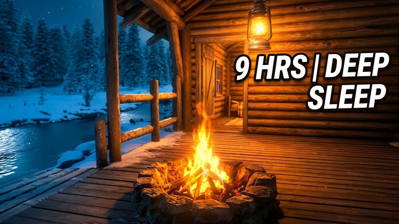 Peaceful Winter Night | Riverside Cabin Campfire & Snowfall for Deep Rest