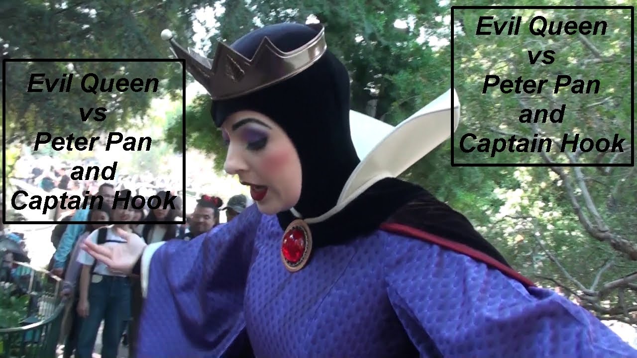 Disneyland's Evil Queen (Grimhilde) meets Peter Pan and Captain Hook, gets them to bow (kowtow).